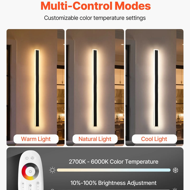VEVOR āra sienas gaismekļi, 2 gab., 1000 mm gara moderna ārējā sienas RGB gaismas līnija, 2700–6000 K, IP65 ūdensizturīgi, pret rūsu aizsargāti, ar regulējamu spilgtumu, āra sienas apgaismojums mājai, lieveņiem un garāžām