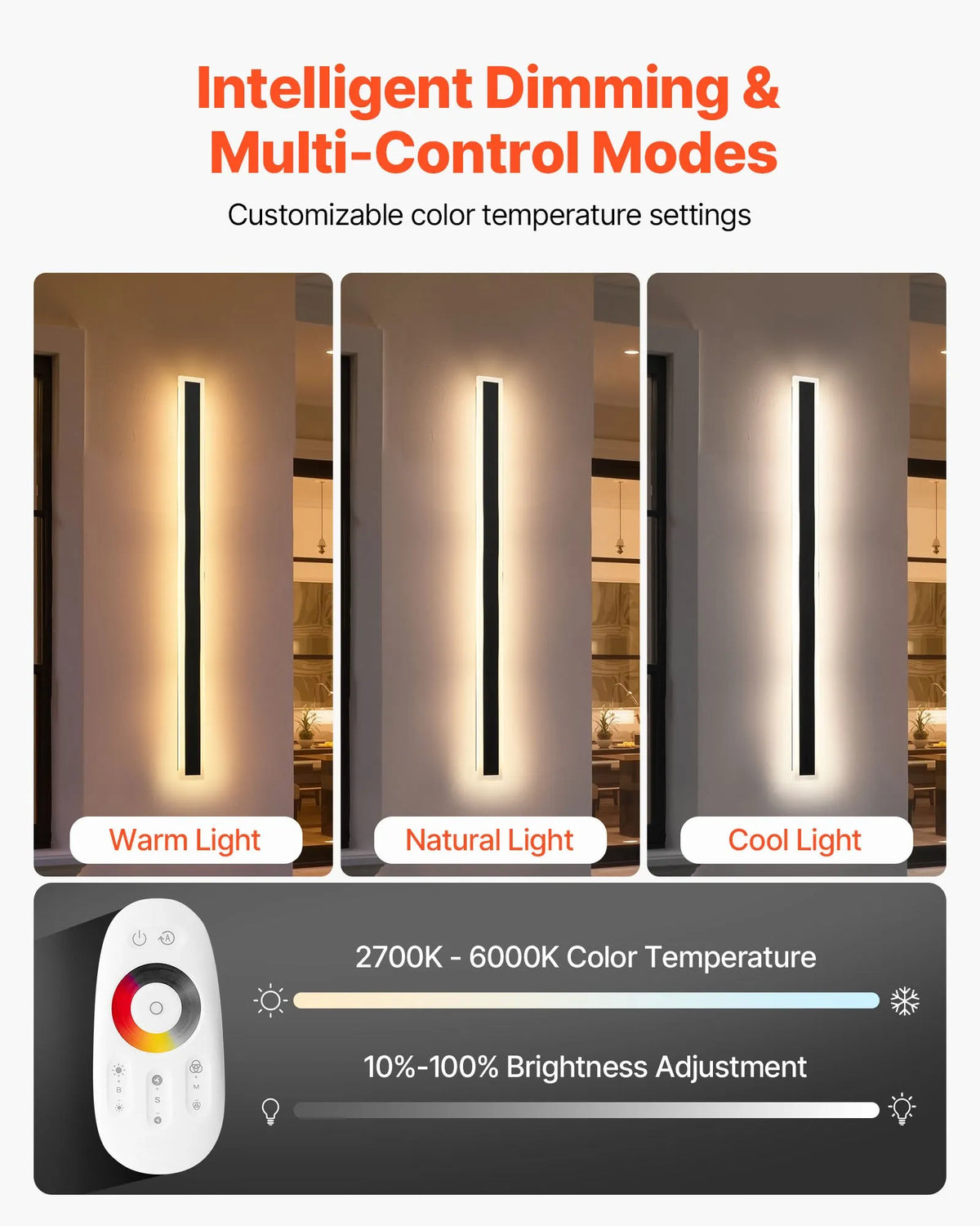 VEVOR Outdoor Wall Lights, 2 Pack, 1000 mm Modern Exterior Wall RGB Light Strip, 2700–6000 K, IP65 Waterproof, Rust-Resistant, Dimmable, Outdoor Wall Lighting for Home, Patios and Garages