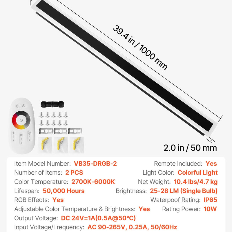 VEVOR āra sienas gaismekļi, 2 gab., 1000 mm gara moderna ārējā sienas RGB gaismas līnija, 2700–6000 K, IP65 ūdensizturīgi, pret rūsu aizsargāti, ar regulējamu spilgtumu, āra sienas apgaismojums mājai, lieveņiem un garāžām