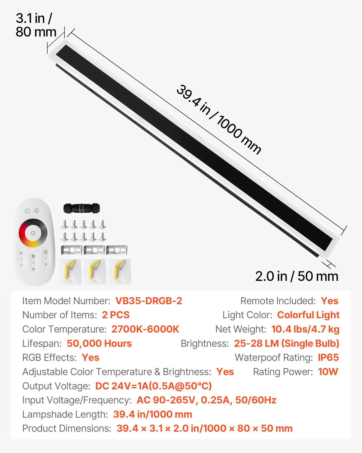 VEVOR Outdoor Wall Lights, 2 Pack, 1000 mm Modern Exterior Wall RGB Light Strip, 2700–6000 K, IP65 Waterproof, Rust-Resistant, Dimmable, Outdoor Wall Lighting for Home, Patios and Garages