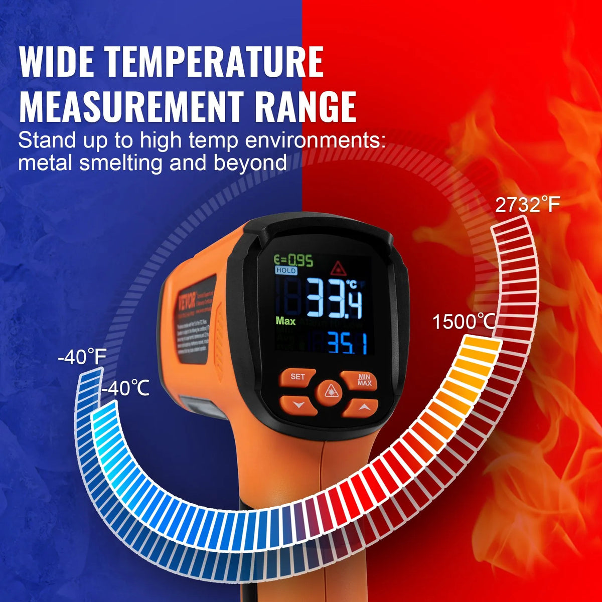 VEVOR infrasarkanais termometrs, -40 °C ~ 1500 °C, ar diviem lāzeriem, bezkontakta rokas temperatūras mērītājs ar regulējamu emisivitāti, piemērots metāla kausēšanai, gatavošanai, picas krāsnīm un dzinējiem (nav paredzēts cilvēka ķermeņa temp. mēr.)