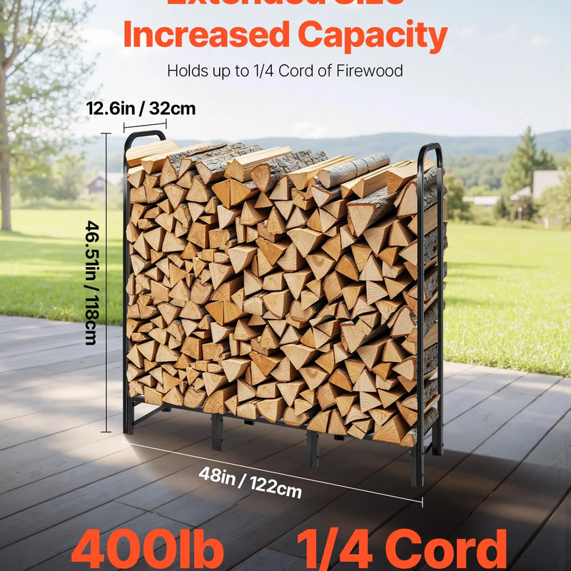 VEVOR malkas statīvs ar ūdensizturīgu pārsegu, 1,22 m āra malkas turētājs, 1/4 korda metāla malkas glabātava, kravnesība līdz 181 kg, ar augšējo pārsegu, pulverkrāsots statīvs kamīnam un terasei