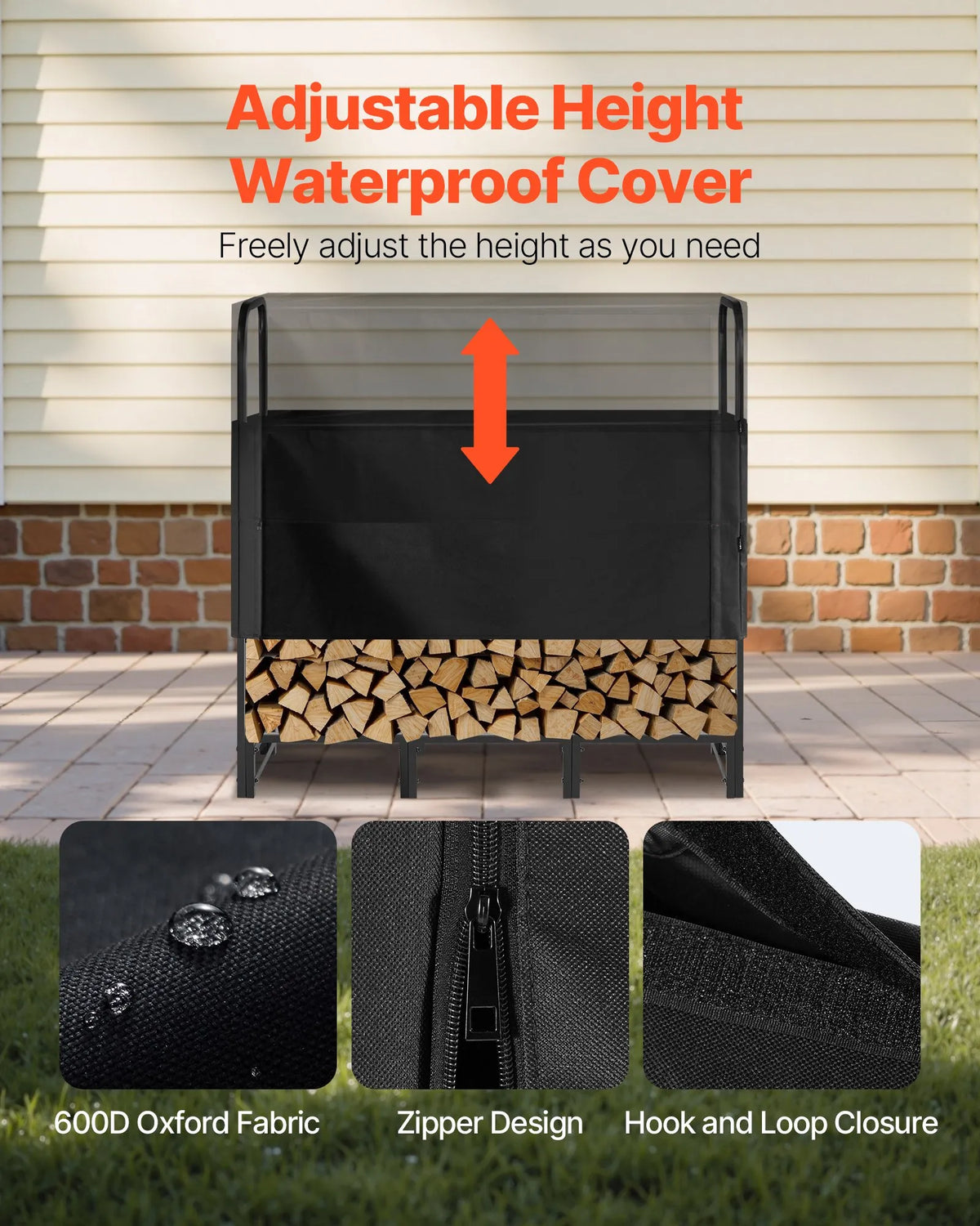 VEVOR Firewood Rack with Waterproof Cover, 1.22 m Outdoor Firewood Holder, 1/4 Cord Metal Firewood Storage, 181 kg Weight Capacity, with Top Cover, Powder-Coated Stand for Fireplace and Patio