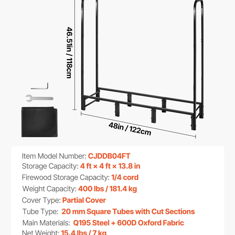 VEVOR malkas statīvs ar ūdensizturīgu pārsegu, 1,22 m āra malkas turētājs, 1/4 korda metāla malkas glabātava, kravnesība līdz 181 kg, ar augšējo pārsegu, pulverkrāsots statīvs kamīnam un terasei