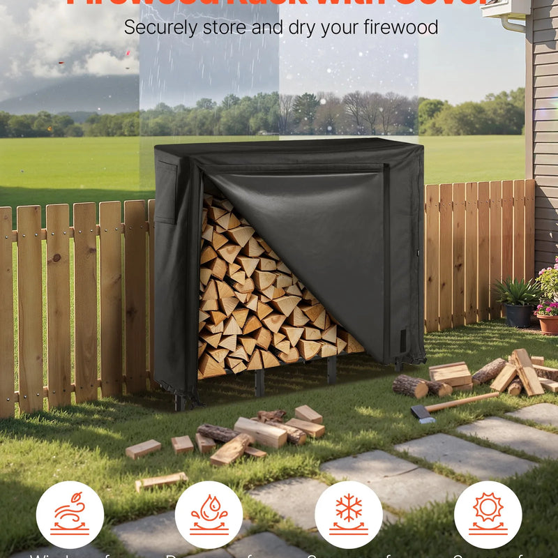 VEVOR malkas statīvs ar ūdensizturīgu pilno pārsegu, 1,22 m āra malkas turētājs, 1/4 korda metāla malkas glabātava, kravnesība līdz 181 kg, pulverkrāsots statīvs kamīnam un terasei