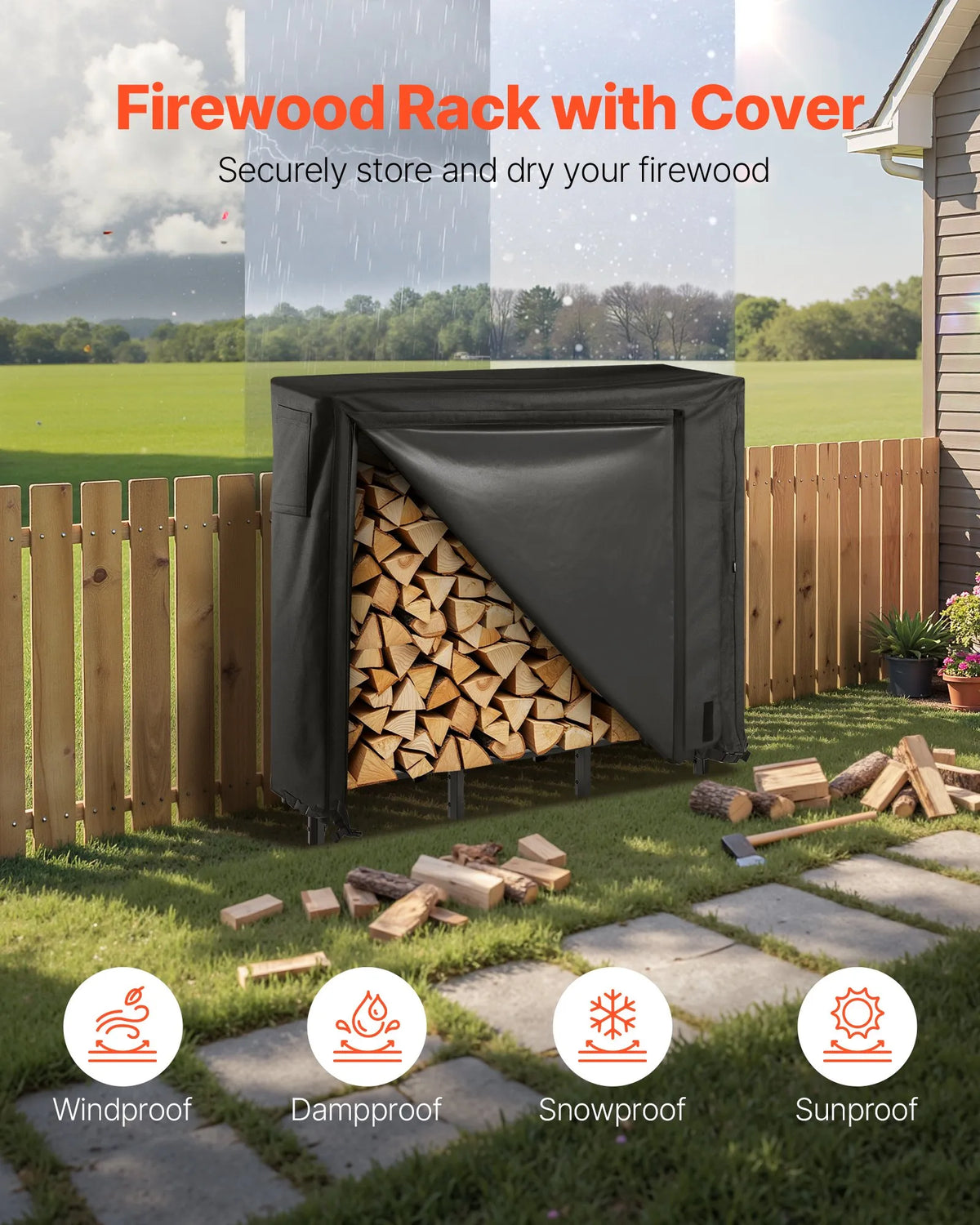 VEVOR Firewood Rack with Waterproof Full Cover, 1.22 m Outdoor Firewood Holder, 1/4 Cord Metal Firewood Storage, 181 kg Weight Capacity, Powder-Coated Stand for Fireplace and Patio