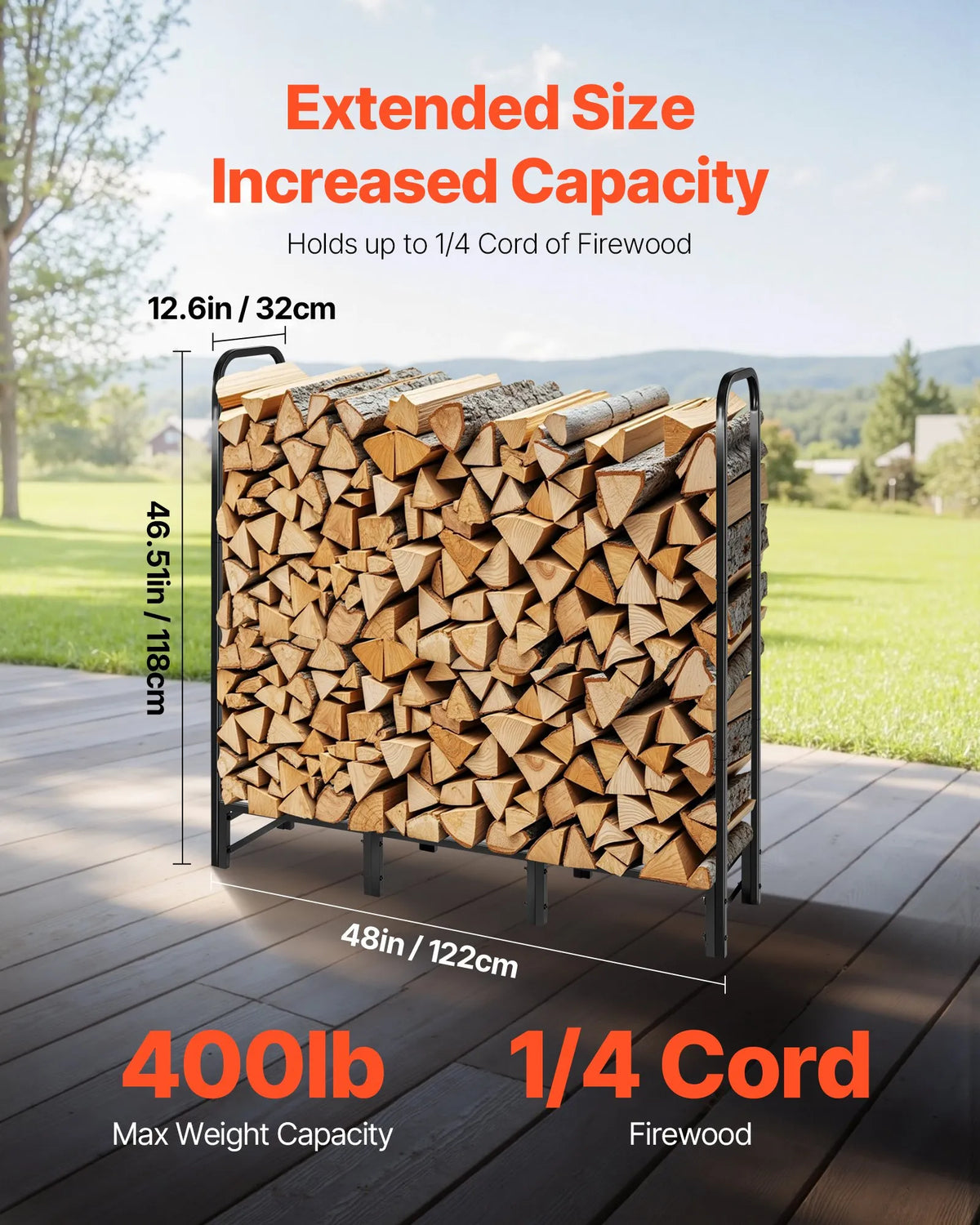 VEVOR Firewood Rack with Waterproof Full Cover, 1.22 m Outdoor Firewood Holder, 1/4 Cord Metal Firewood Storage, 181 kg Weight Capacity, Powder-Coated Stand for Fireplace and Patio