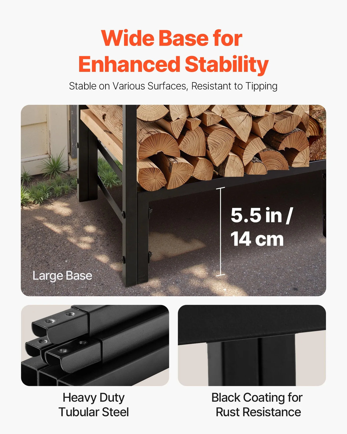 VEVOR Firewood Rack with Waterproof Full Cover, 1.22 m Outdoor Firewood Holder, 1/4 Cord Metal Firewood Storage, 181 kg Weight Capacity, Powder-Coated Stand for Fireplace and Patio
