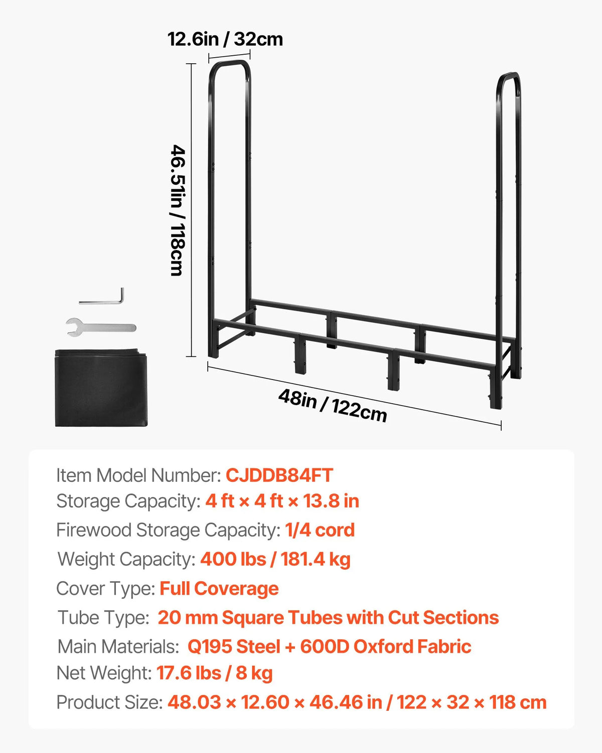 VEVOR Firewood Rack with Waterproof Full Cover, 1.22 m Outdoor Firewood Holder, 1/4 Cord Metal Firewood Storage, 181 kg Weight Capacity, Powder-Coated Stand for Fireplace and Patio