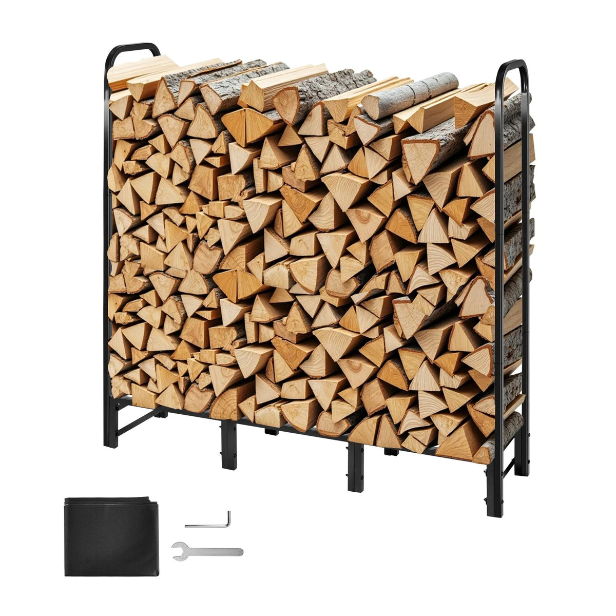 VEVOR Firewood Rack with Waterproof Full Cover, 1.22 m Outdoor Firewood Holder, 1/4 Cord Metal Firewood Storage, 181 kg Weight Capacity, Powder-Coated Stand for Fireplace and Patio