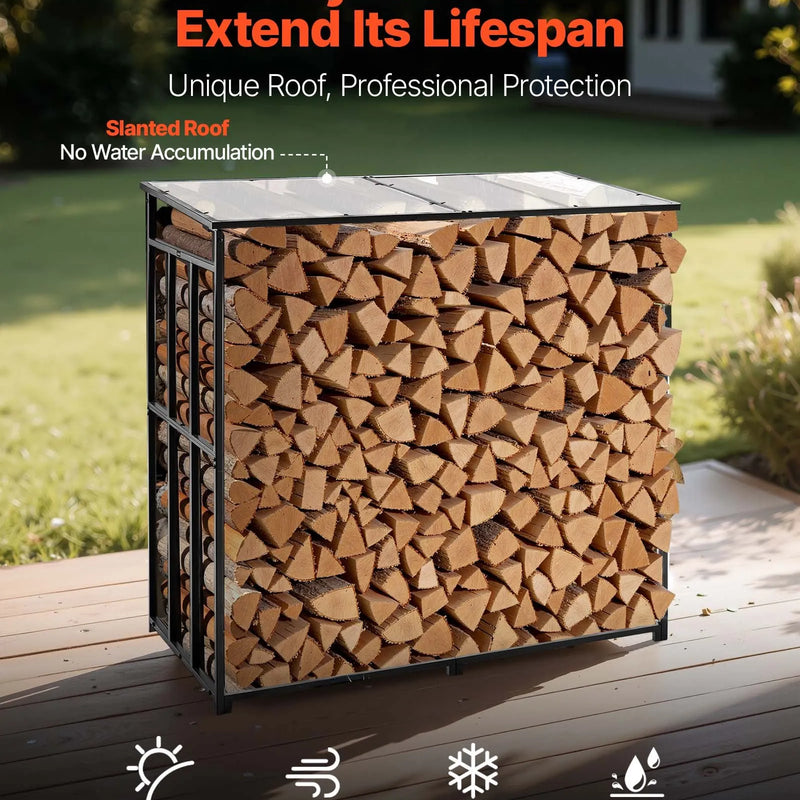 VEVOR malkas statīvs ar slīpu jumtu, 143 cm āra malkas turētājs, 1/4 korda malkas glabāšanas nojume, kravnesība līdz 299 kg, pulverkrāsots metāla statīvs kamīnam, terasei, pagalmam un dārzam