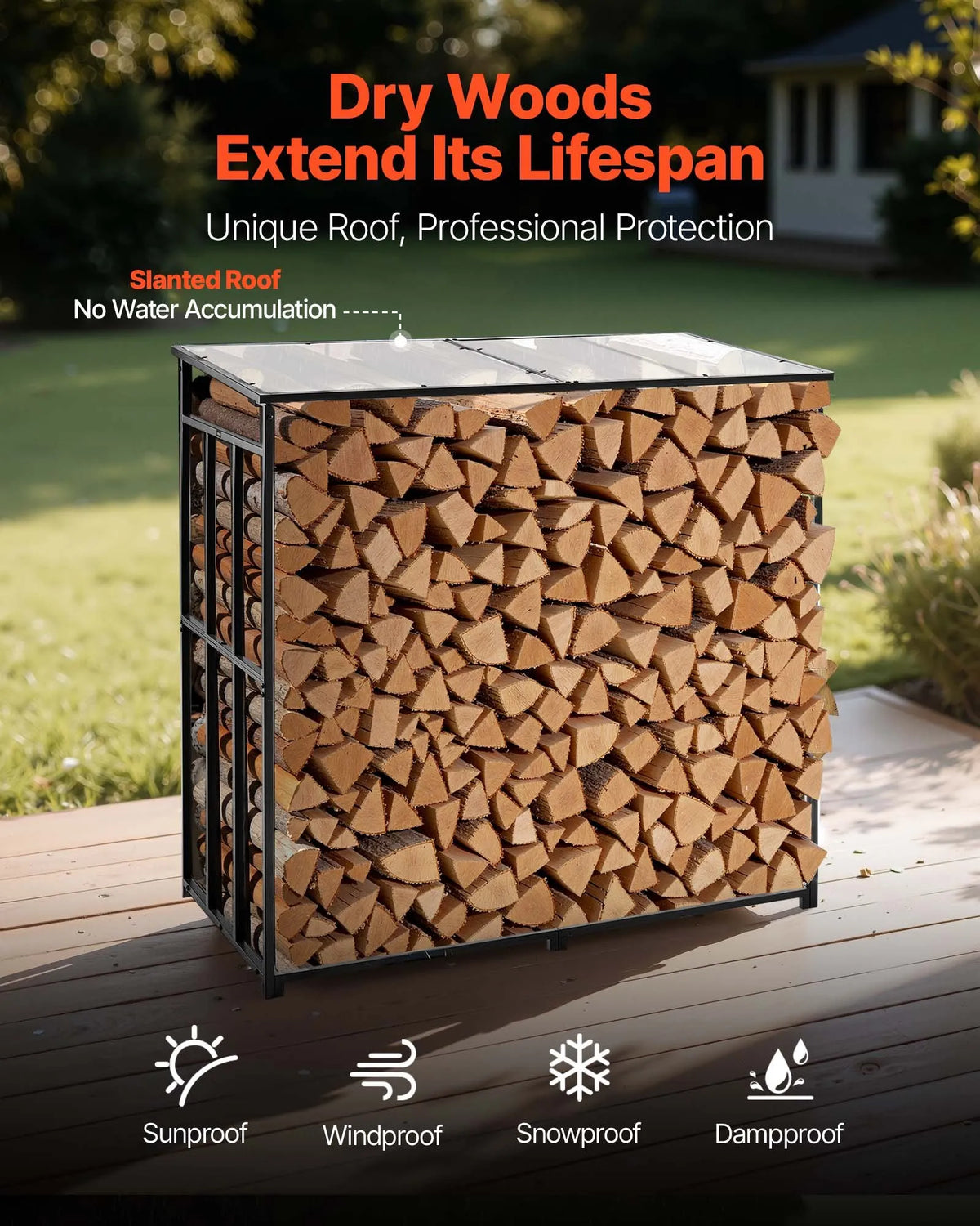 VEVOR Firewood Rack with Sloped Roof, 143 cm Outdoor Firewood Storage Shed, 1/4 Cord Wood Storage Canopy, 299 kg Weight Capacity, Powder-Coated Metal Stand for Fireplace, Terrace, Patio and Garden