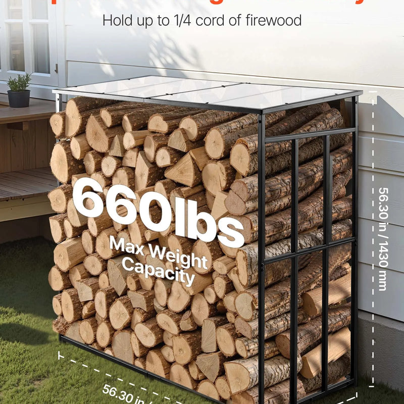 VEVOR malkas statīvs ar slīpu jumtu, 143 cm āra malkas turētājs, 1/4 korda malkas glabāšanas nojume, kravnesība līdz 299 kg, pulverkrāsots metāla statīvs kamīnam, terasei, pagalmam un dārzam