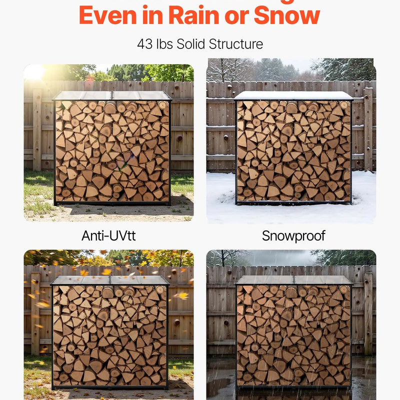 VEVOR malkas statīvs ar slīpu jumtu, 143 cm āra malkas turētājs, 1/4 korda malkas glabāšanas nojume, kravnesība līdz 299 kg, pulverkrāsots metāla statīvs kamīnam, terasei, pagalmam un dārzam