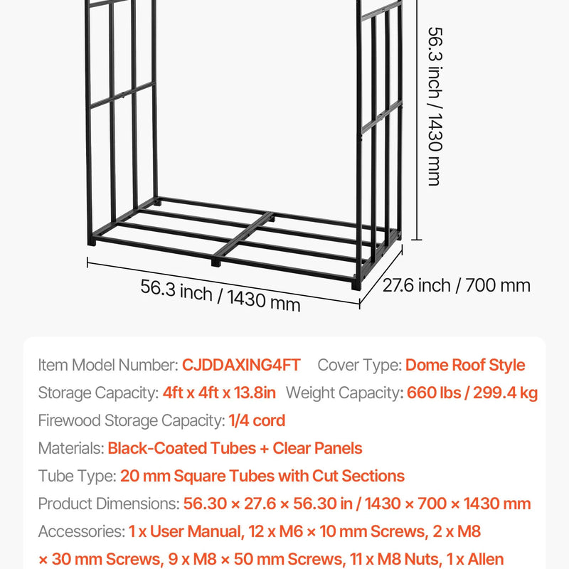 VEVOR malkas statīvs ar slīpu jumtu, 143 cm āra malkas turētājs, 1/4 korda malkas glabāšanas nojume, kravnesība līdz 299 kg, pulverkrāsots metāla statīvs kamīnam, terasei, pagalmam un dārzam