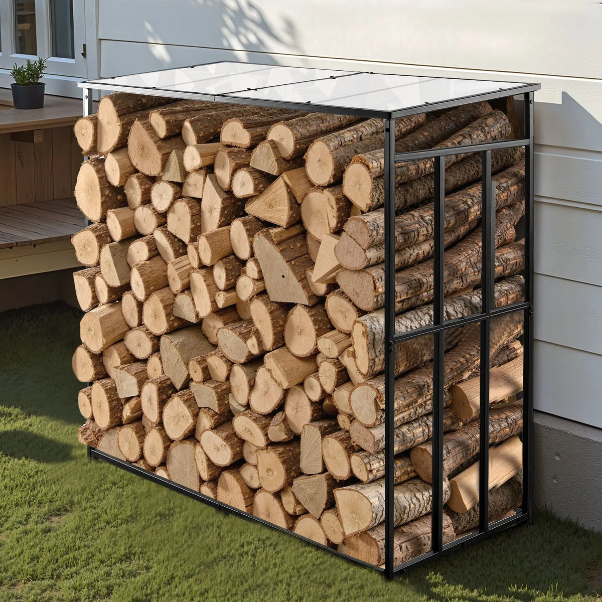 VEVOR Firewood Rack with Sloped Roof, 143 cm Outdoor Firewood Storage Shed, 1/4 Cord Wood Storage Canopy, 299 kg Weight Capacity, Powder-Coated Metal Stand for Fireplace, Terrace, Patio and Garden