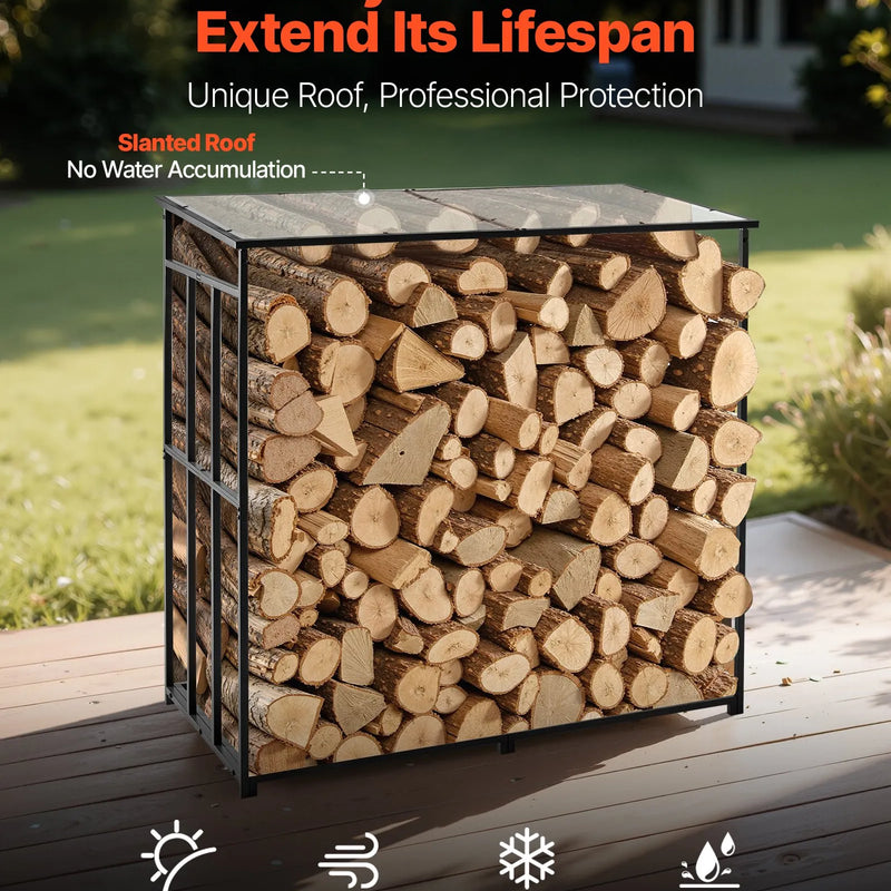 VEVOR āra malkas statīvs ar slīpu jumtu, garums 1,85 m, malkas uzglabāšanas ietilpība ~0,9 m³, maksimālā slodze 299 kg, pulverkrāsots metāla statīvs kamīnam, terasei, pagalmam un dārzam