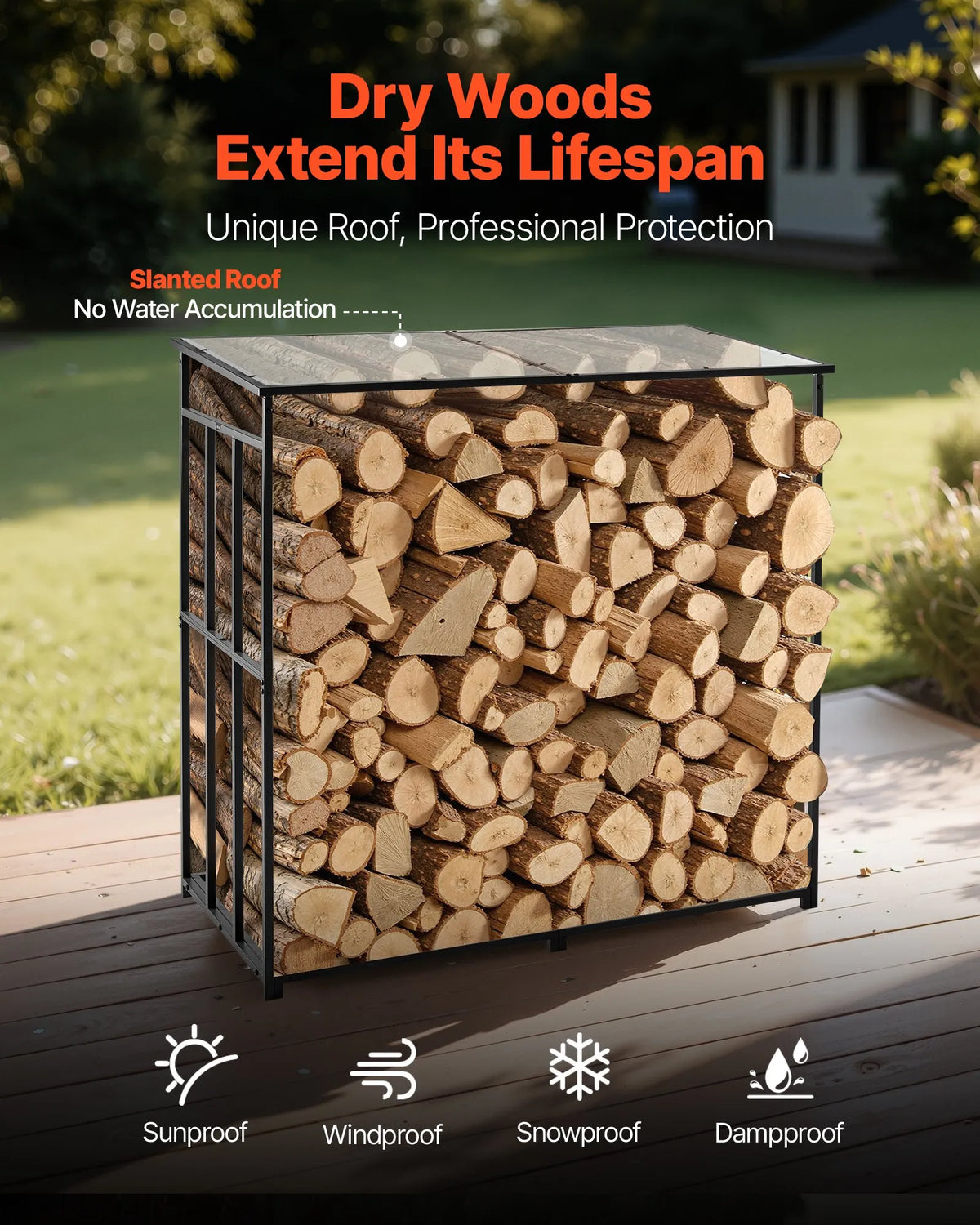 VEVOR Outdoor Firewood Rack with Sloped Roof, 1.85 m Length, ~0.9 m³ Storage Capacity, Max Load 299 kg, Powder-Coated Metal Stand for Fireplace, Terrace, Patio and Garden
