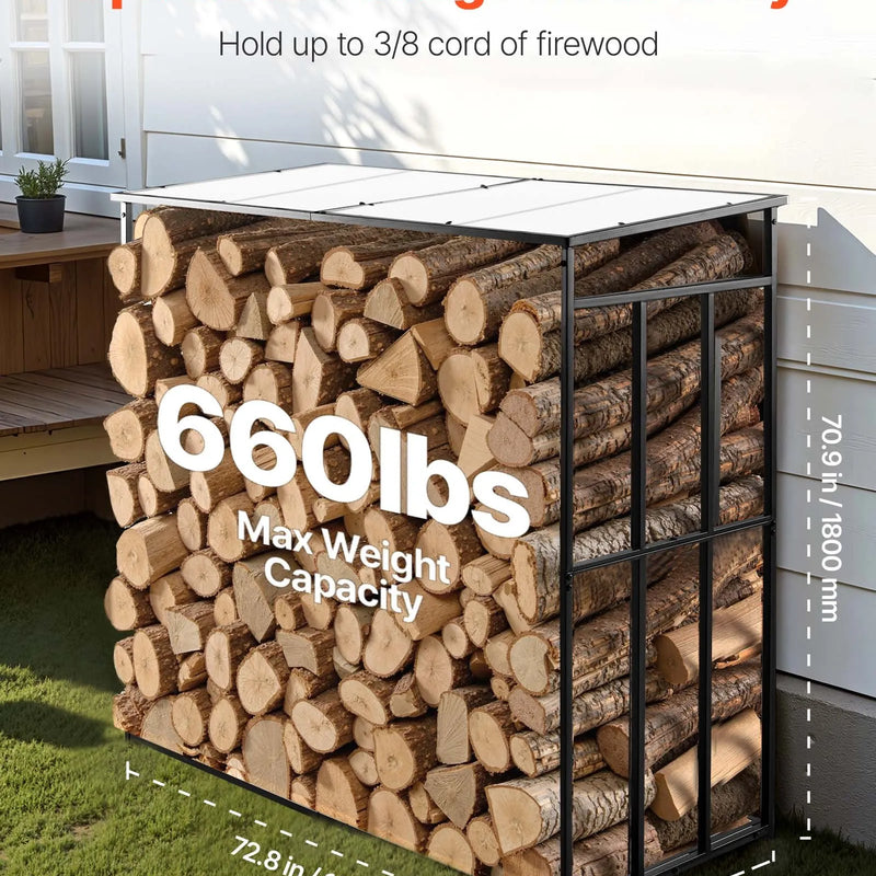 VEVOR āra malkas statīvs ar slīpu jumtu, garums 1,85 m, malkas uzglabāšanas ietilpība ~0,9 m³, maksimālā slodze 299 kg, pulverkrāsots metāla statīvs kamīnam, terasei, pagalmam un dārzam