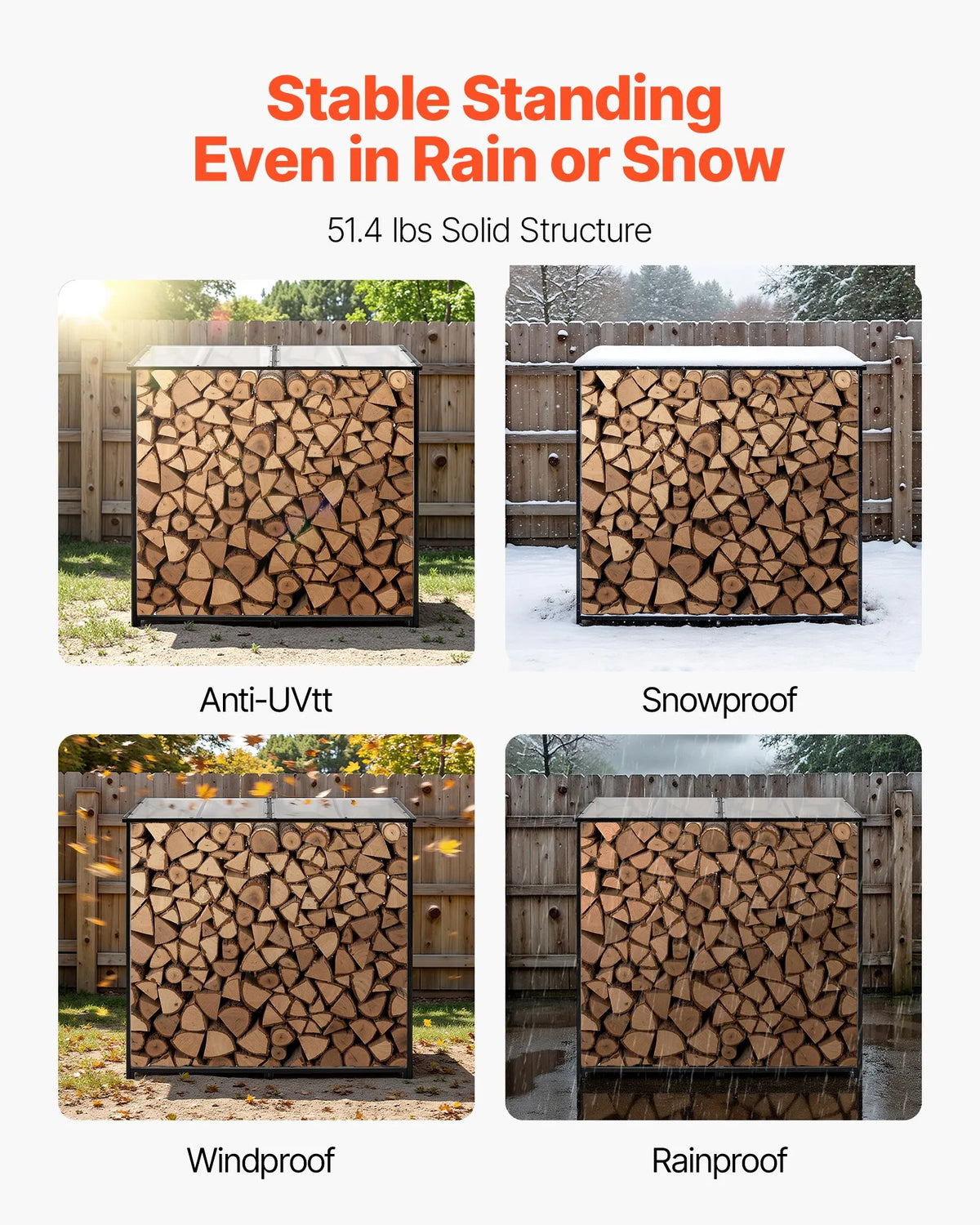VEVOR Outdoor Firewood Rack with Sloped Roof, 1.85 m Length, ~0.9 m³ Storage Capacity, Max Load 299 kg, Powder-Coated Metal Stand for Fireplace, Terrace, Patio and Garden