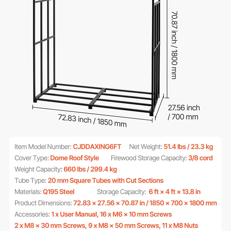 VEVOR āra malkas statīvs ar slīpu jumtu, garums 1,85 m, malkas uzglabāšanas ietilpība ~0,9 m³, maksimālā slodze 299 kg, pulverkrāsots metāla statīvs kamīnam, terasei, pagalmam un dārzam