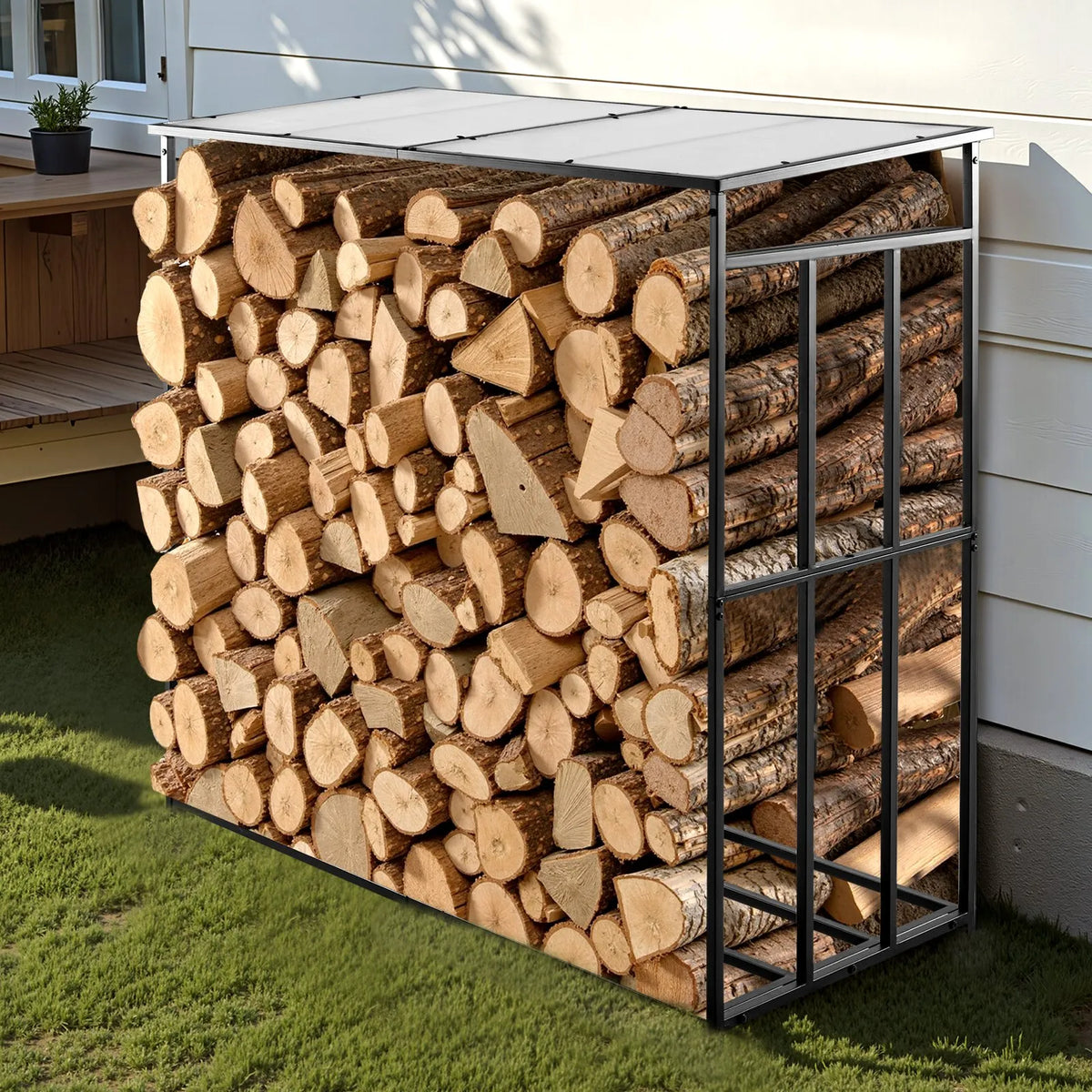VEVOR Outdoor Firewood Rack with Sloped Roof, 1.85 m Length, ~0.9 m³ Storage Capacity, Max Load 299 kg, Powder-Coated Metal Stand for Fireplace, Terrace, Patio and Garden