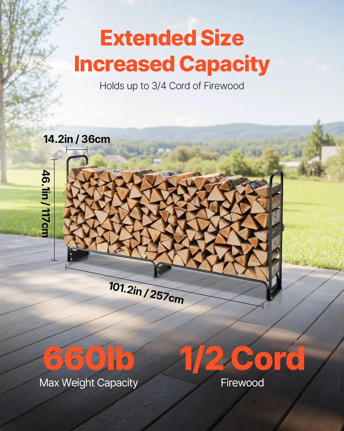 VEVOR Firewood Rack with Waterproof Top Cover, 2.57 m Outdoor Firewood Holder, 1/2 Cord Metal Firewood Storage, 299 kg Weight Capacity, Powder-Coated Stand for Fireplace and Patio