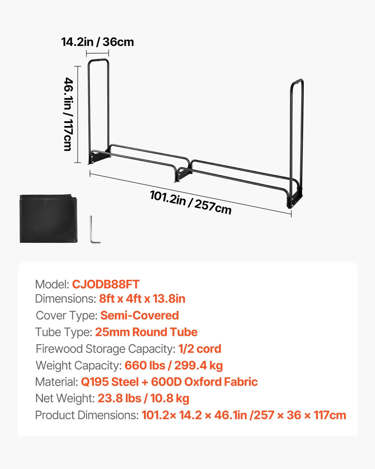 VEVOR Firewood Rack with Waterproof Top Cover, 2.57 m Outdoor Firewood Holder, 1/2 Cord Metal Firewood Storage, 299 kg Weight Capacity, Powder-Coated Stand for Fireplace and Patio