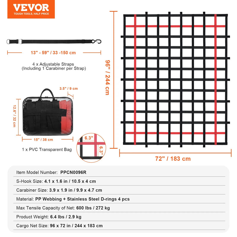 Smagsvara kravas tīkls 244 × 183 cm ar regulējamām sprādzēm un S-veida āķiem