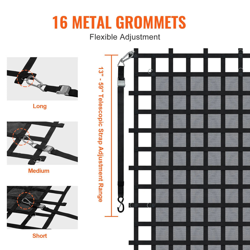 Smagsvara kravas tīkls 305 × 267 cm ar regulējamām sprādzēm un S-veida āķiem