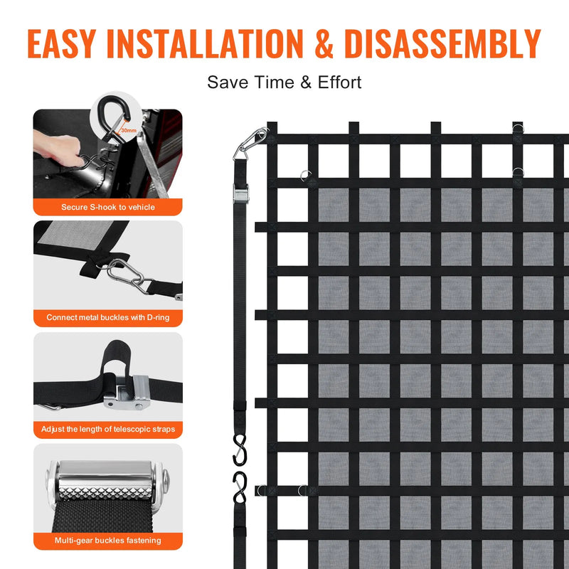 Smagsvara kravas tīkls 305 × 267 cm ar regulējamām sprādzēm un S-veida āķiem