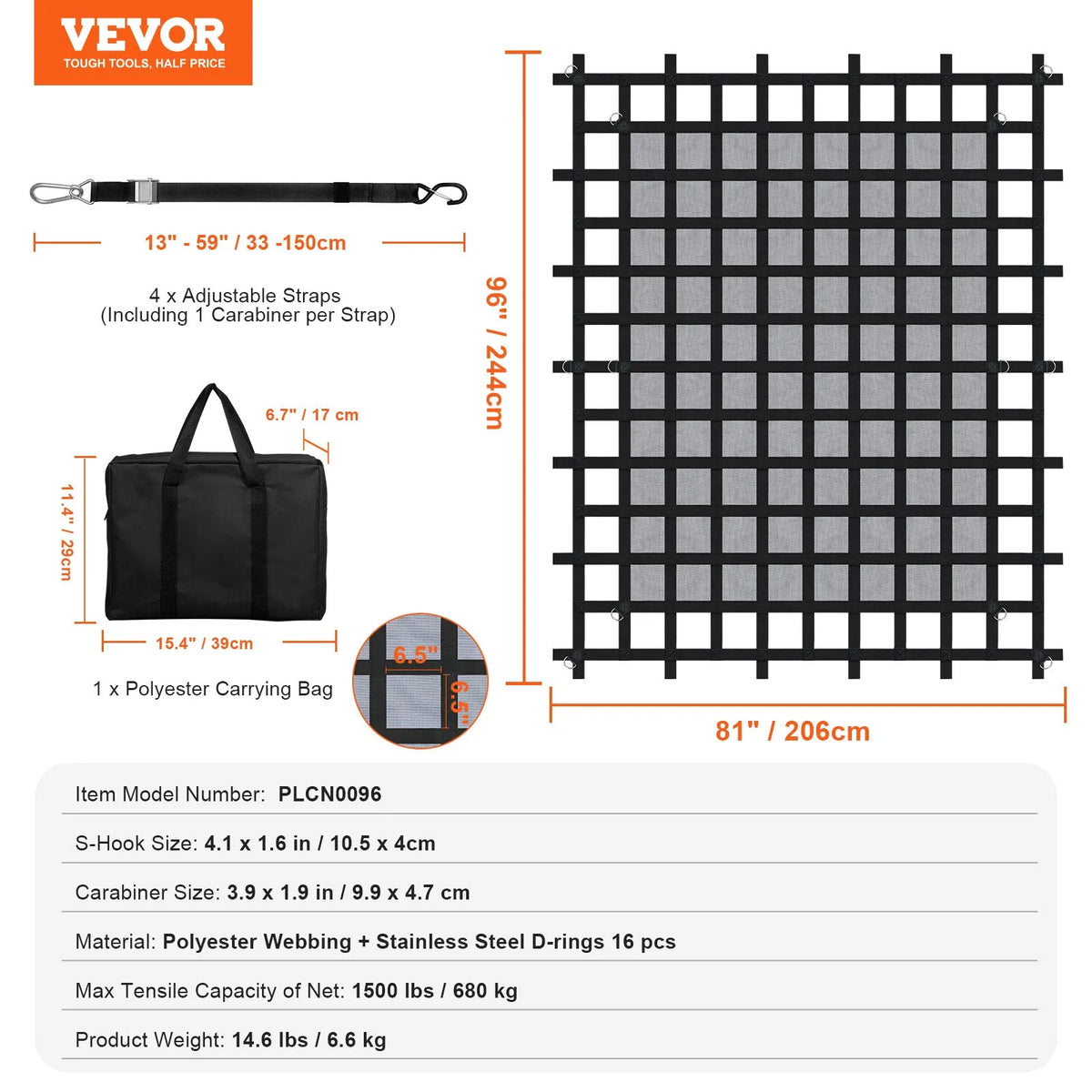 Smagsvara kravas tīkls 244 × 206 cm ar regulējamām sprādzēm un S-veida āķiem