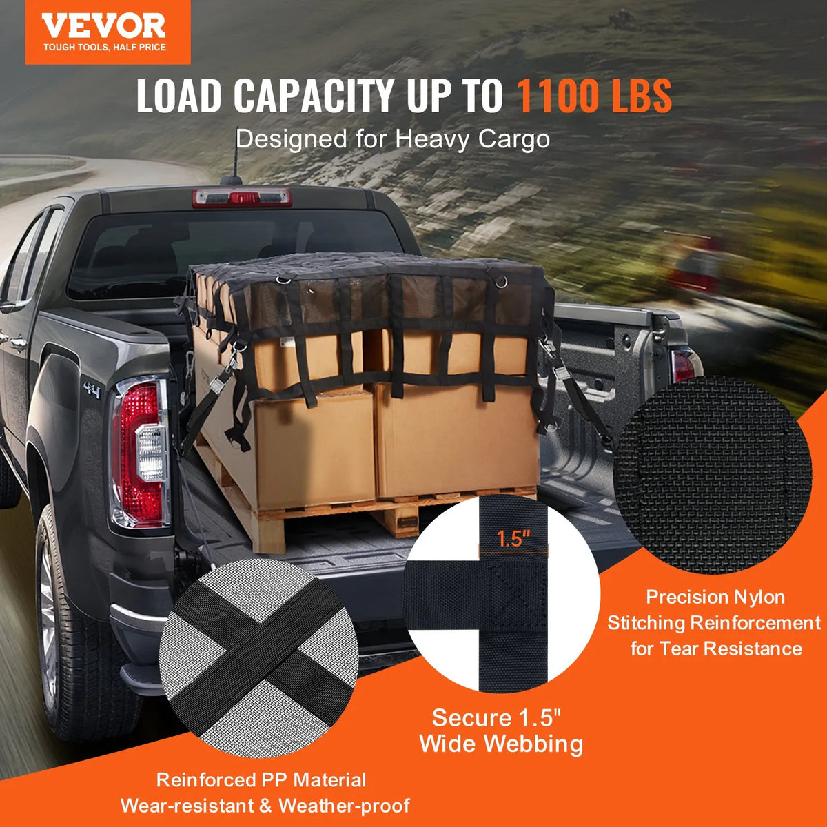 Heavy-duty cargo net 183 × 145 cm with adjustable straps and S-hooks