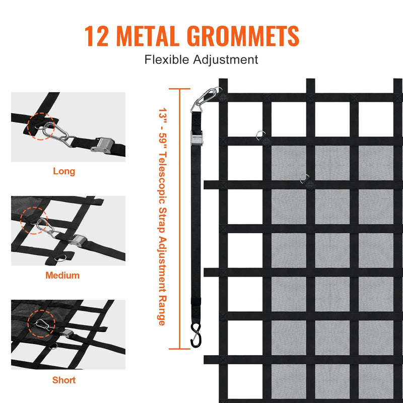Smagsvara kravas tīkls 183 × 145 cm ar regulējamām sprādzēm un S-veida āķiem