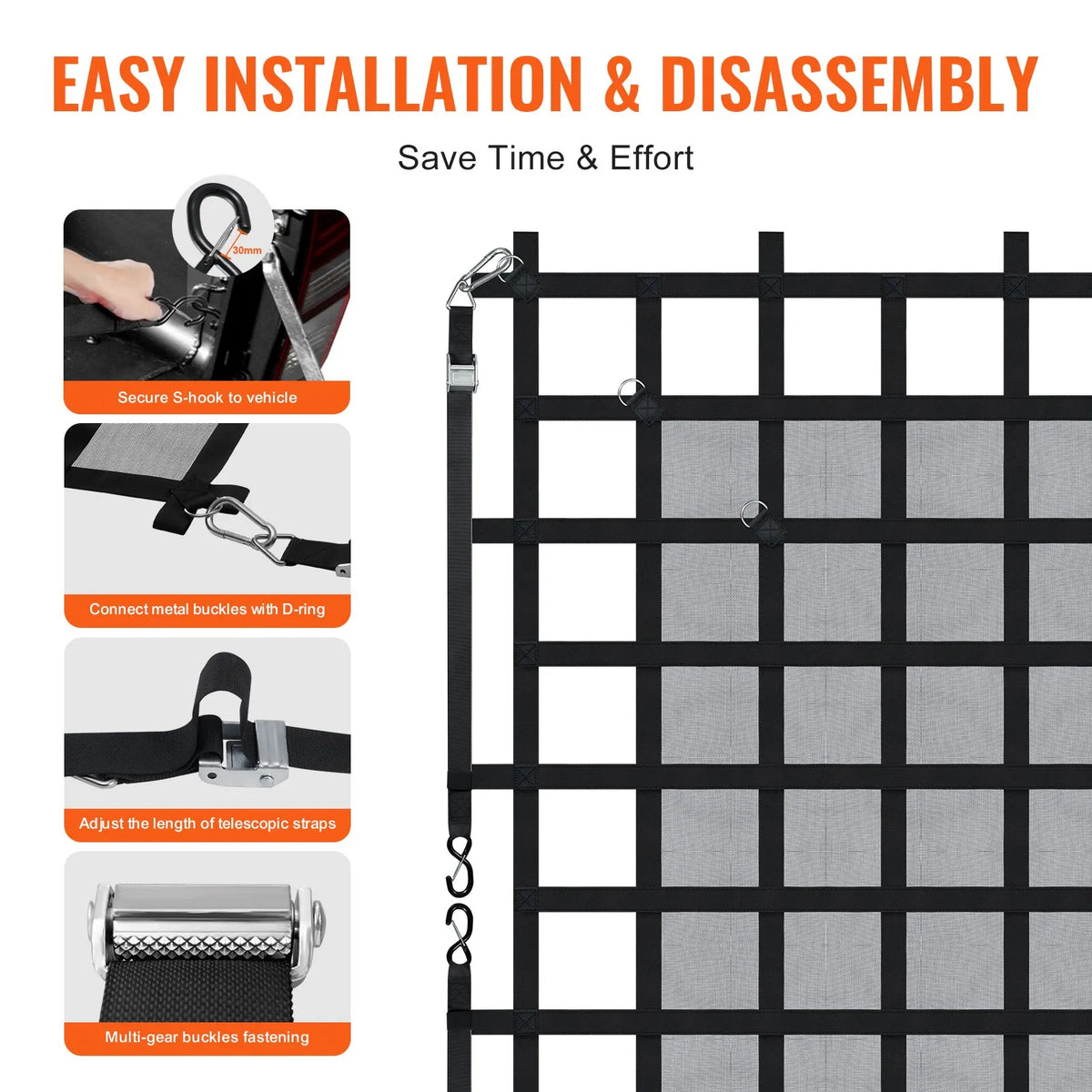 Heavy-duty cargo net 183 × 145 cm with adjustable straps and S-hooks