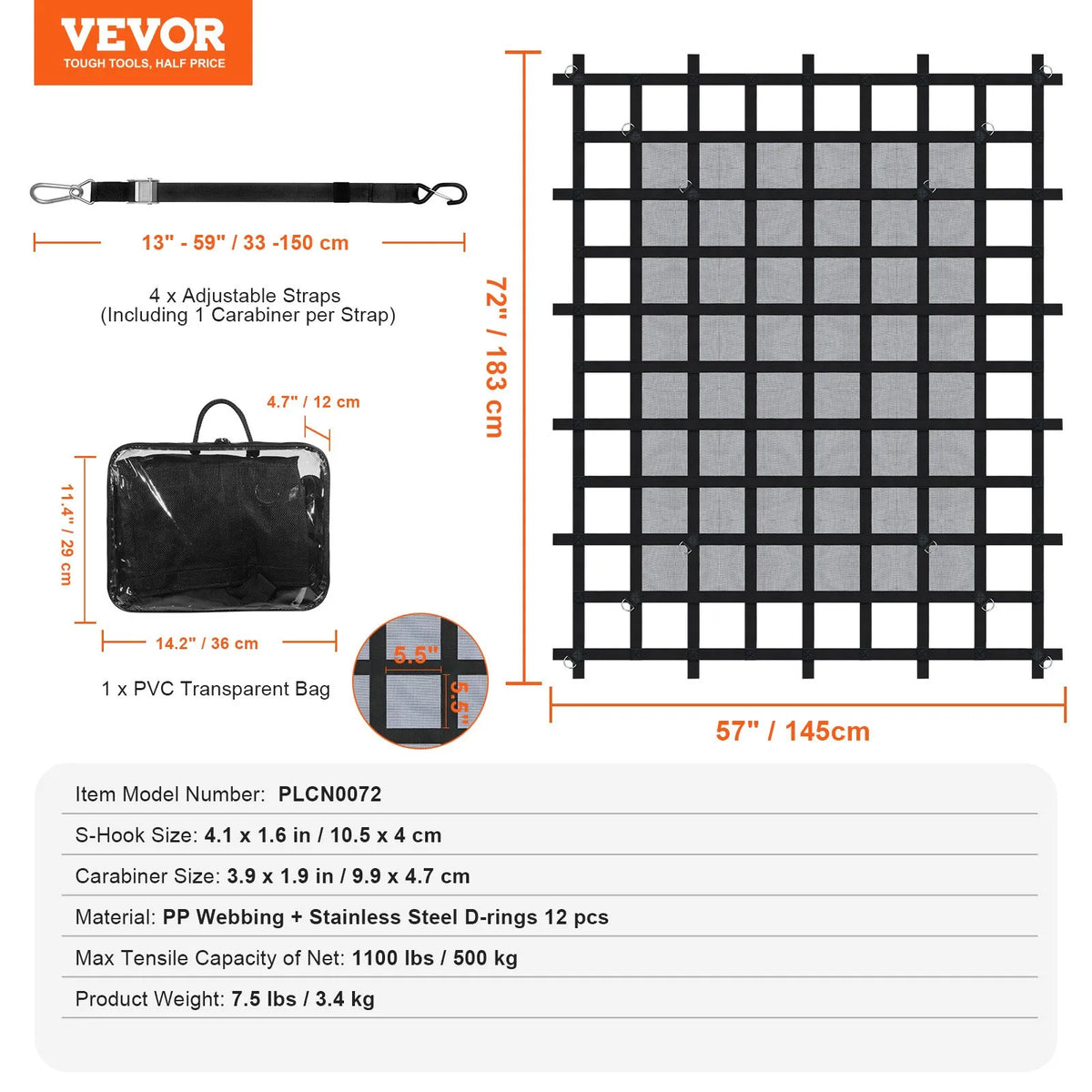 Heavy-duty cargo net 183 × 145 cm with adjustable straps and S-hooks