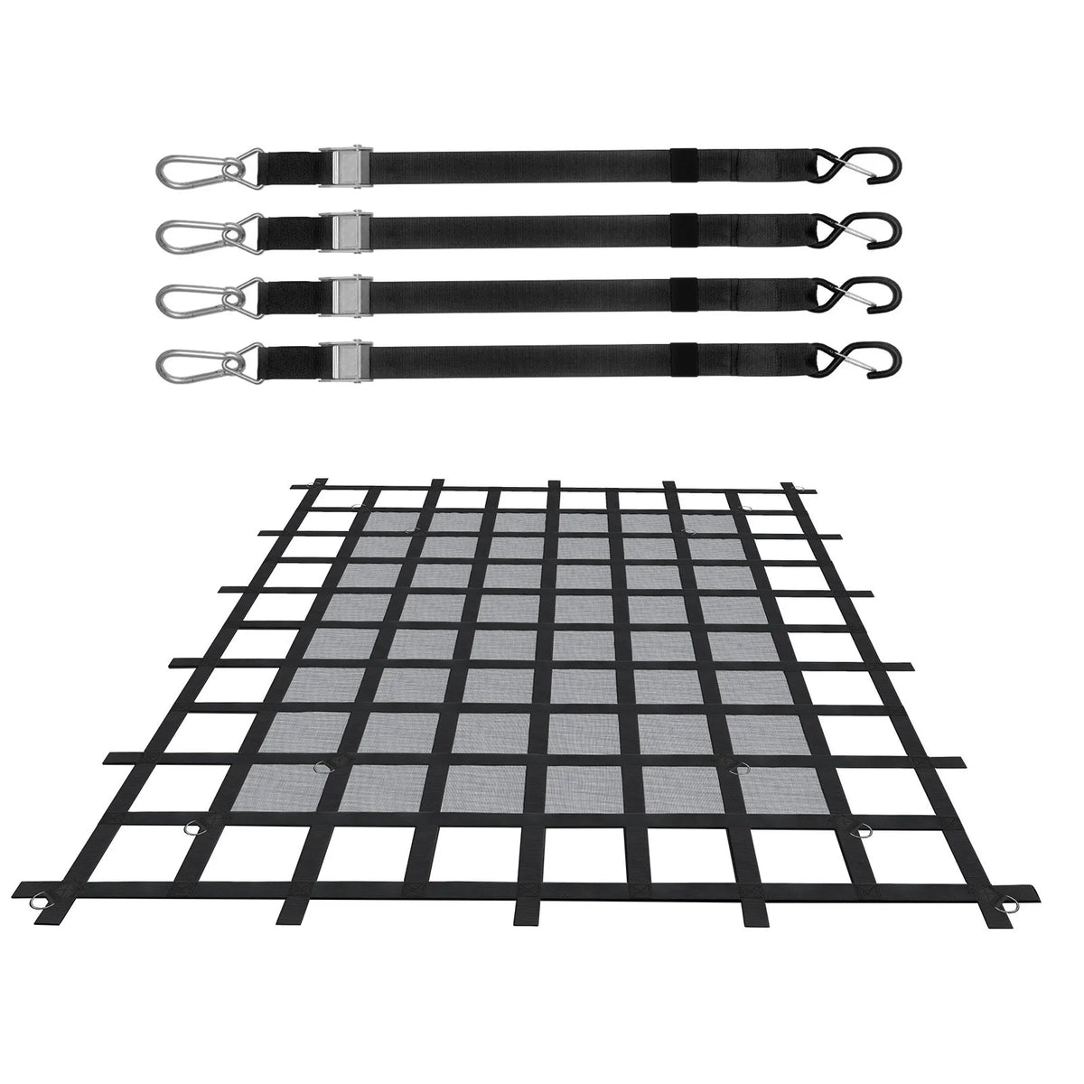 Smagsvara kravas tīkls 183 × 145 cm ar regulējamām sprādzēm un S-veida āķiem