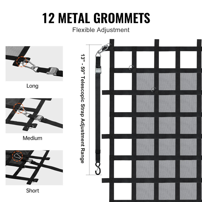 Smagsvara kravas tīkls 183 × 145 cm ar regulējamām sprādzēm un S-veida āķiem