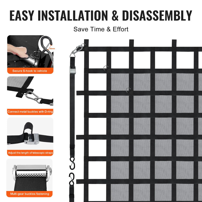 Smagsvara kravas tīkls 183 × 145 cm ar regulējamām sprādzēm un S-veida āķiem