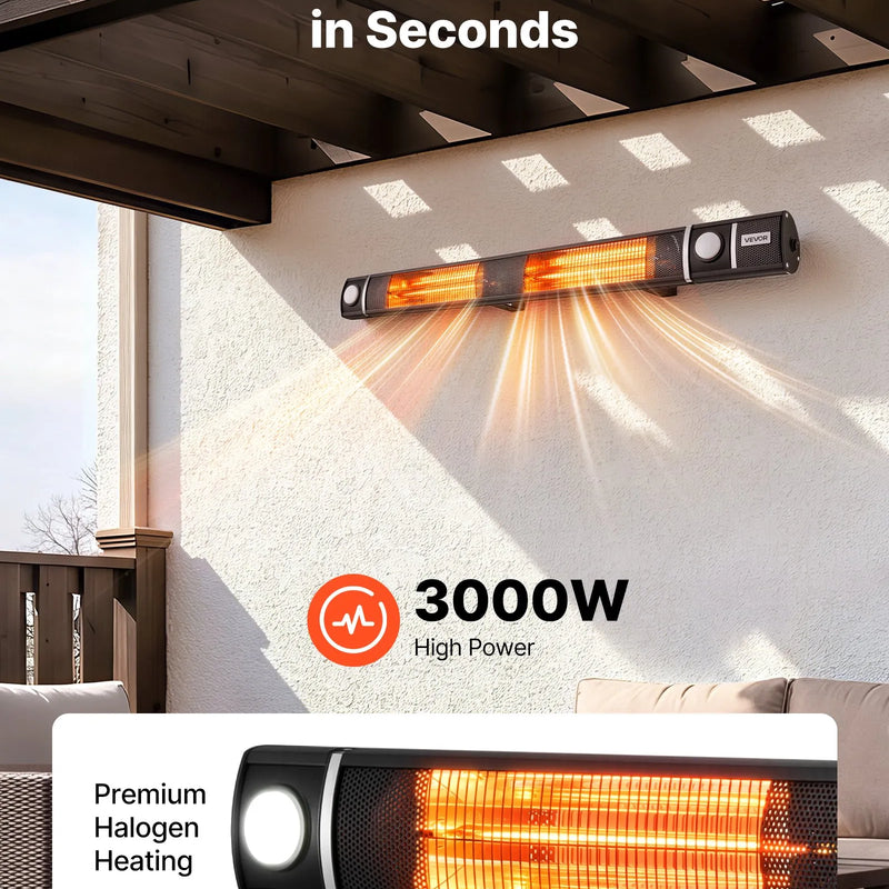 VEVOR infrasarkanais sildītājs 3000 W ar WiFi, tālvadības pulti, 3 sildīšanas režīmiem, IP55, melns