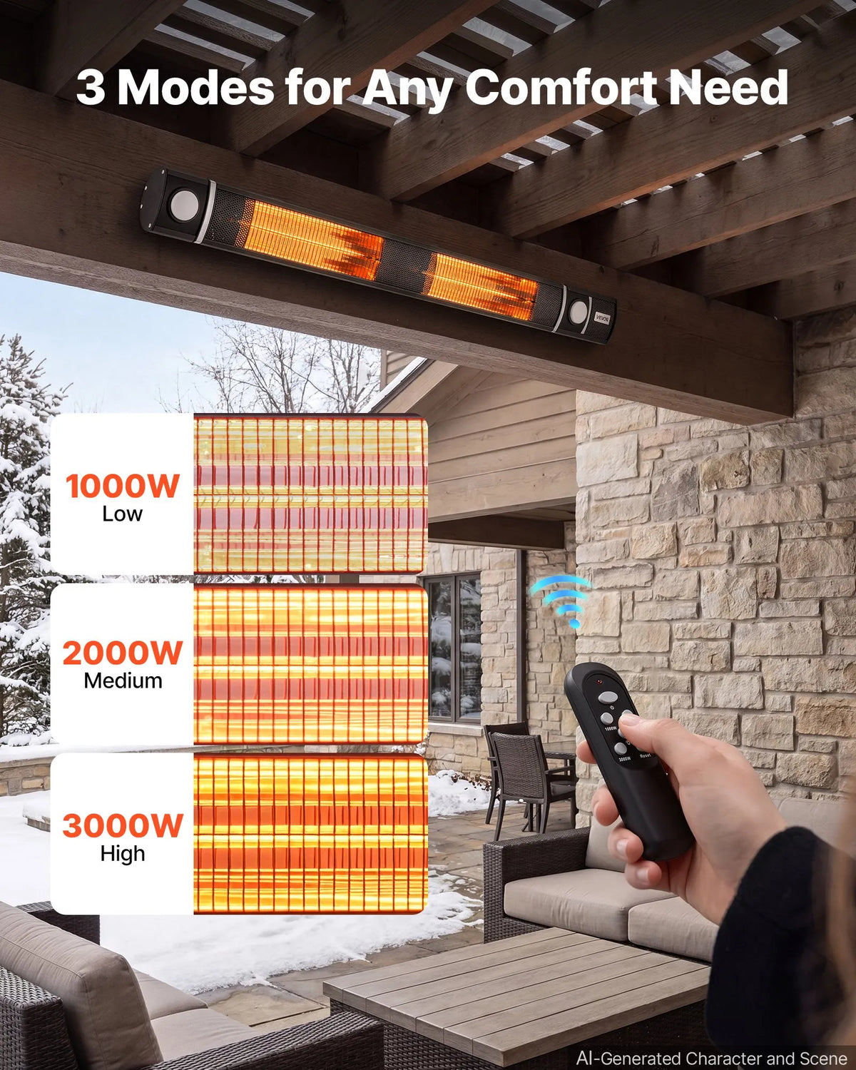 VEVOR infrasarkanais sildītājs 3000 W ar WiFi, tālvadības pulti, 3 sildīšanas režīmiem, IP55, melns