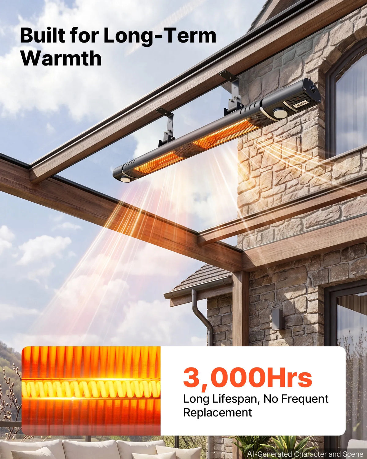 VEVOR infrasarkanais sildītājs 3000 W ar WiFi, tālvadības pulti, 3 sildīšanas režīmiem, IP55, melns