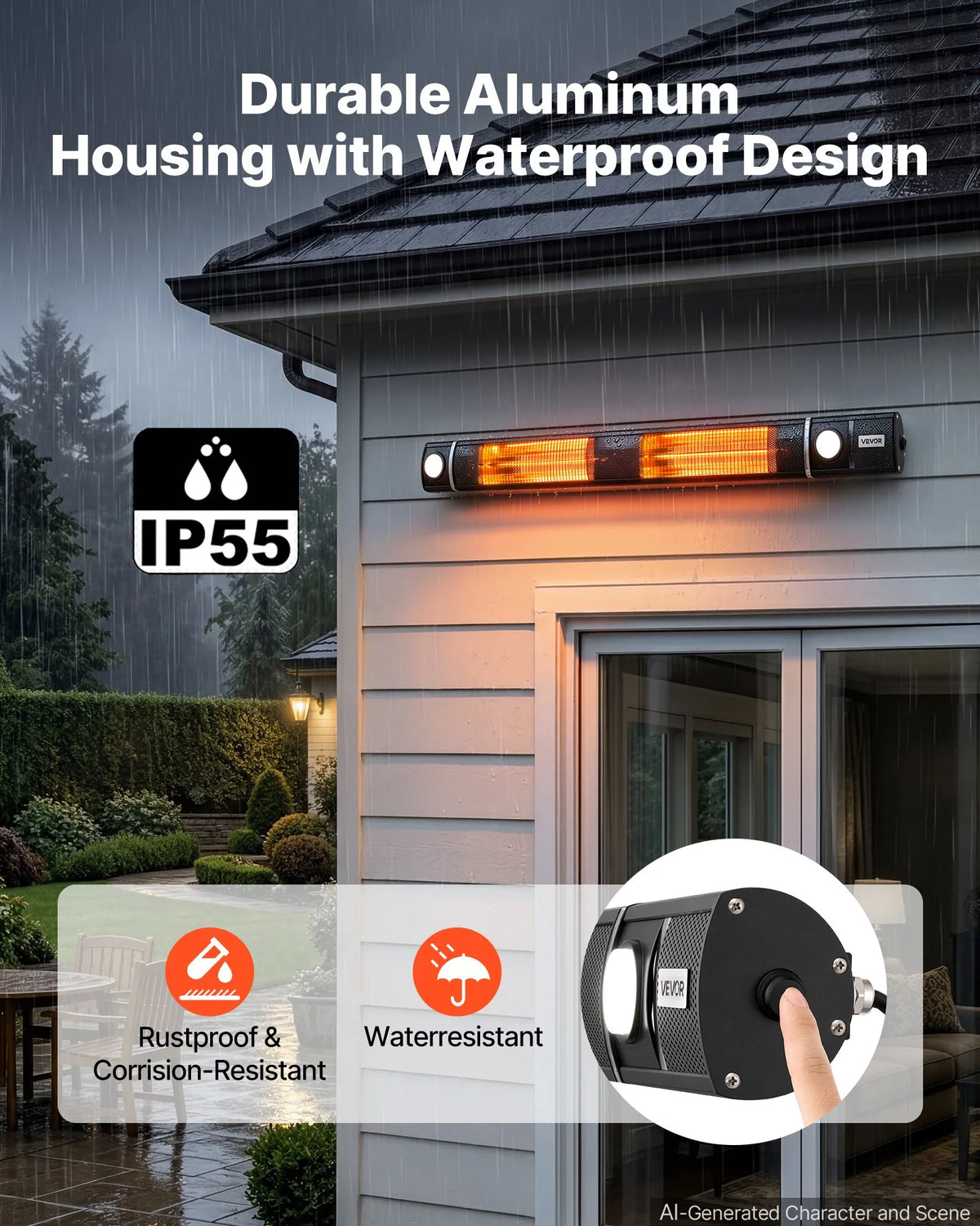 VEVOR infrasarkanais sildītājs 3000 W ar WiFi, tālvadības pulti, 3 sildīšanas režīmiem, IP55, melns