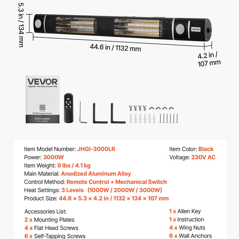 VEVOR infrasarkanais sildītājs 3000 W ar WiFi, tālvadības pulti, 3 sildīšanas režīmiem, IP55, melns