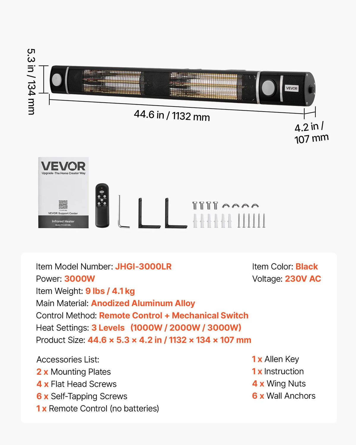 VEVOR infrasarkanais sildītājs 3000 W ar WiFi, tālvadības pulti, 3 sildīšanas režīmiem, IP55, melns