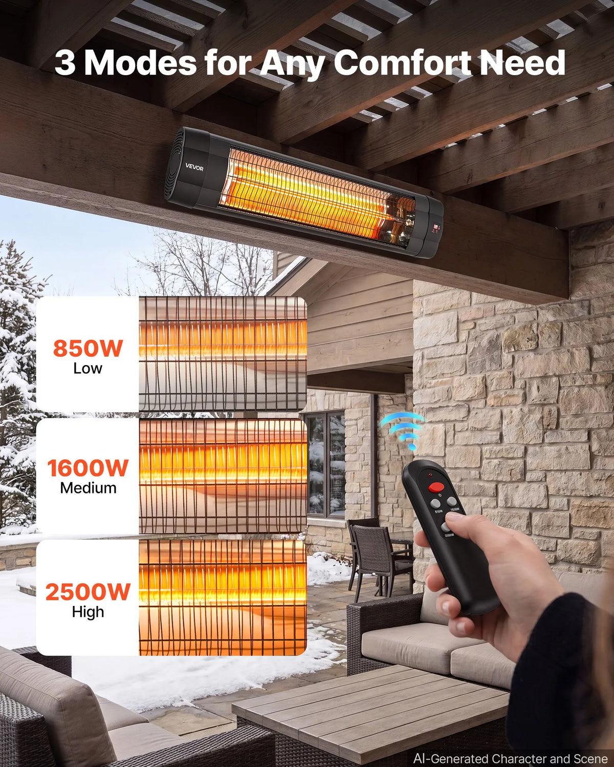 VEVOR infrasarkanais sildītājs 2500W ar statīvu un tālvadību, melns