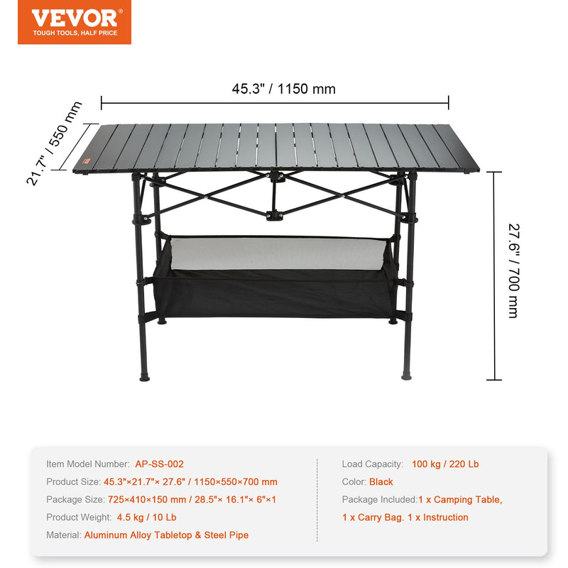 VEVOR saliekamais kempinga galds 115.0 x 55.0 x 70.0 cm, ar somu, kvadrāta, melns