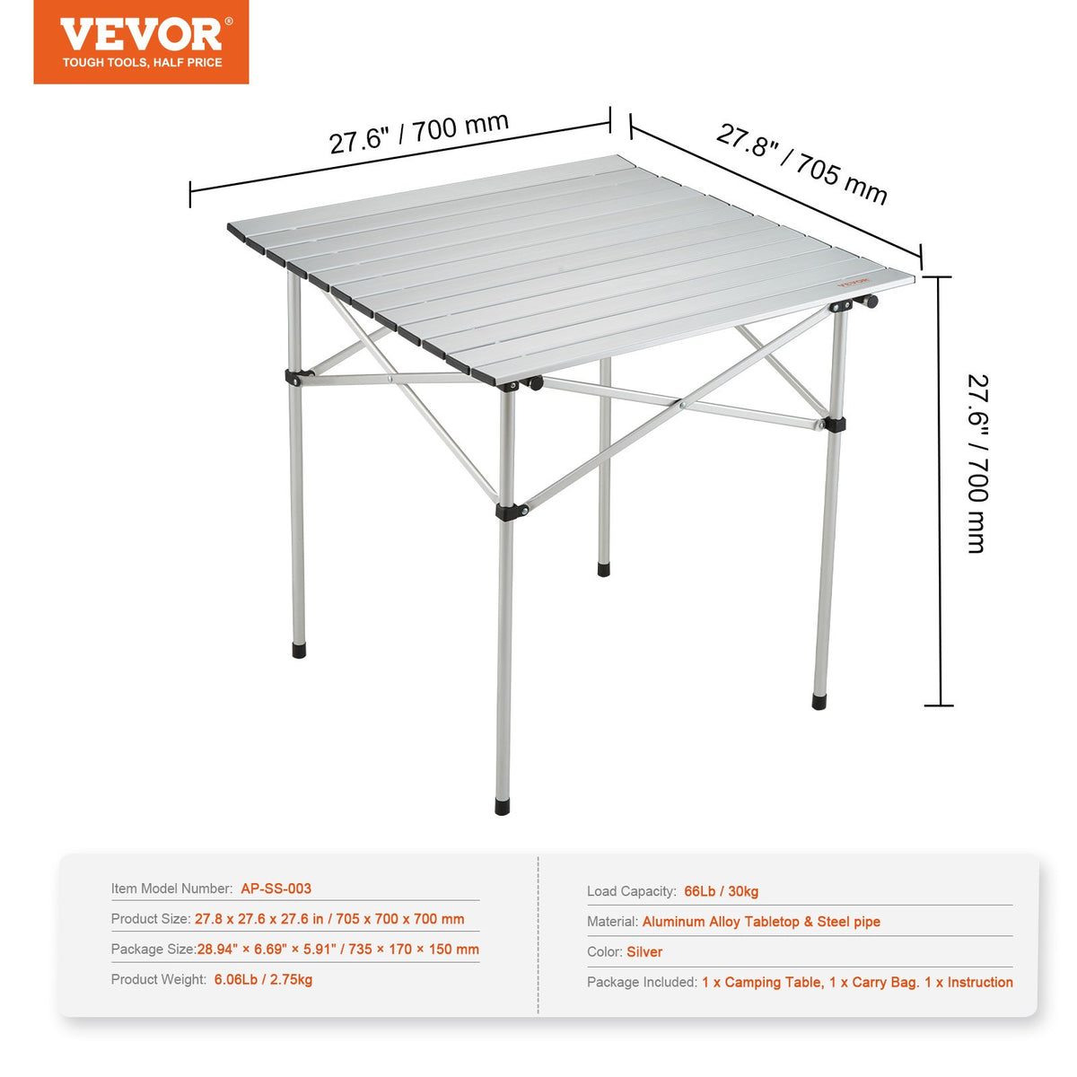VEVOR saliekamais kempinga galds 70,5 x 70,0 x 70,0 cm, ar somu, kvadrāta, sudraba krāsā