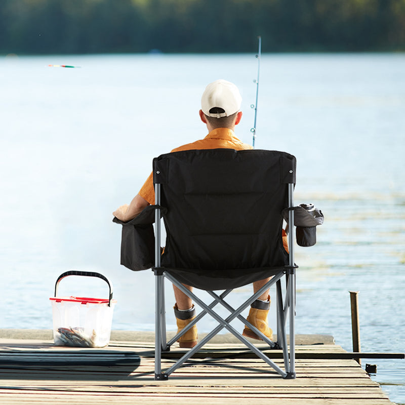 VEVOR Camping saliekamais krēsls pieaugušajiem, ar sānu kabatām, krūzes turētāju un aukstuma somu pludmalei, zālienam, piknikam, makšķerēšanai, melns