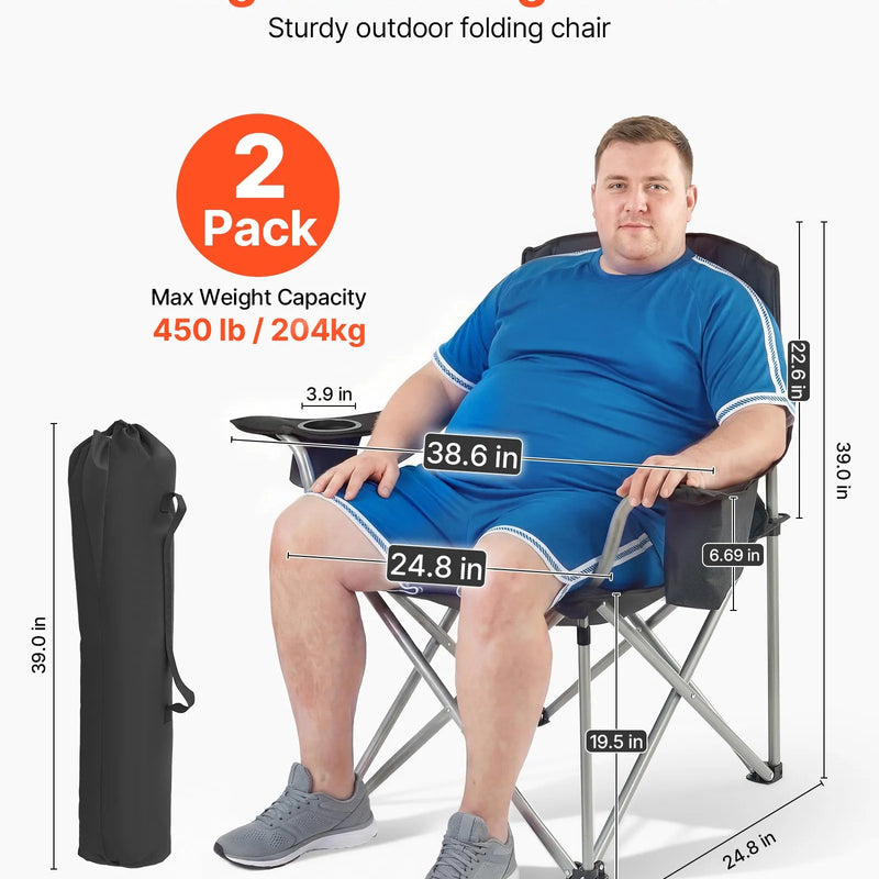 VEVOR saliekami kempinga krēsli 2 gab., maksimālā slodze 204 kg, ar polsterētu atzveltni un roku balstiem, krūzes turētāju, sānu kabatu un dzesēšanas somu, portatīvi krēsli kempingam un makšķerēšanai